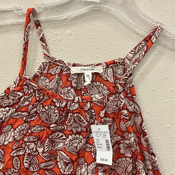 Maurices Red and White Leaf Pattern Ruffle Front Tunic Small NWT #37 - Picture 2 of 7